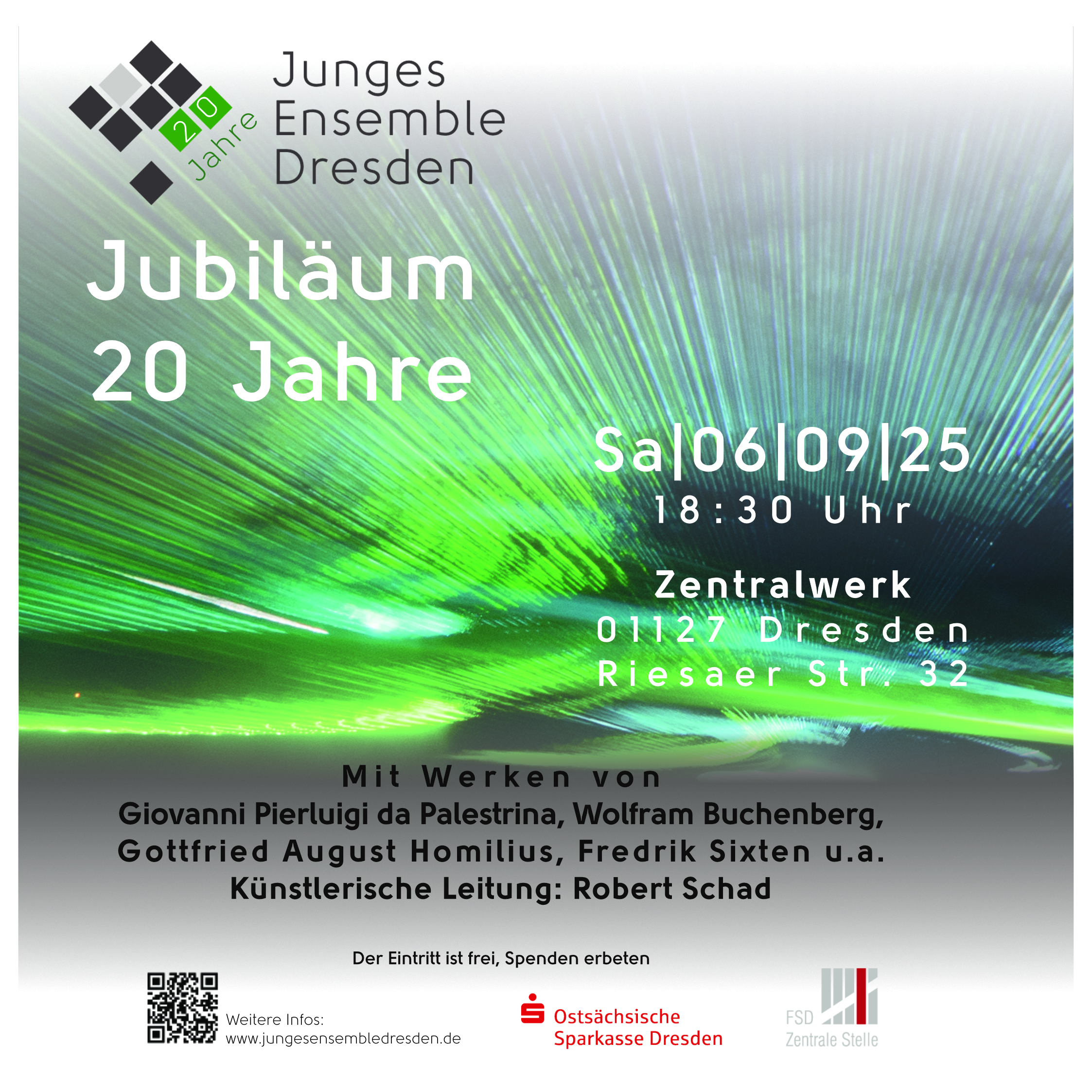 Flyer für das Jubiläumskonzert 20 Jahte Junges Ensemble Dresden im Zentralwerk